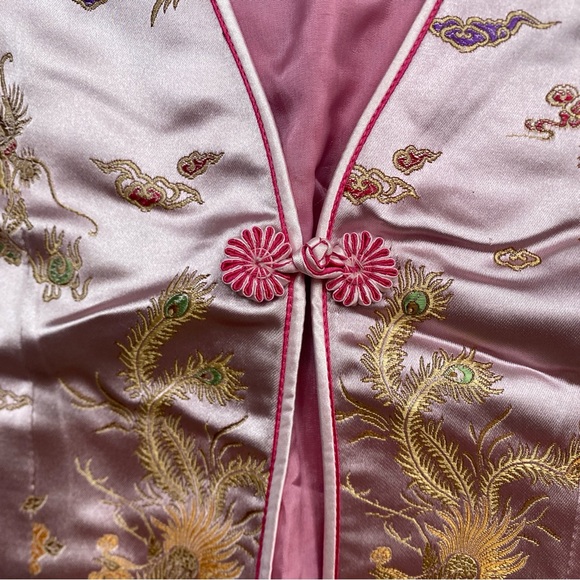 Vintage Women's Blush Pink Floral Dragon Satin Asian Cheongsam Top Size 0 Boho - Picture 5 of 10